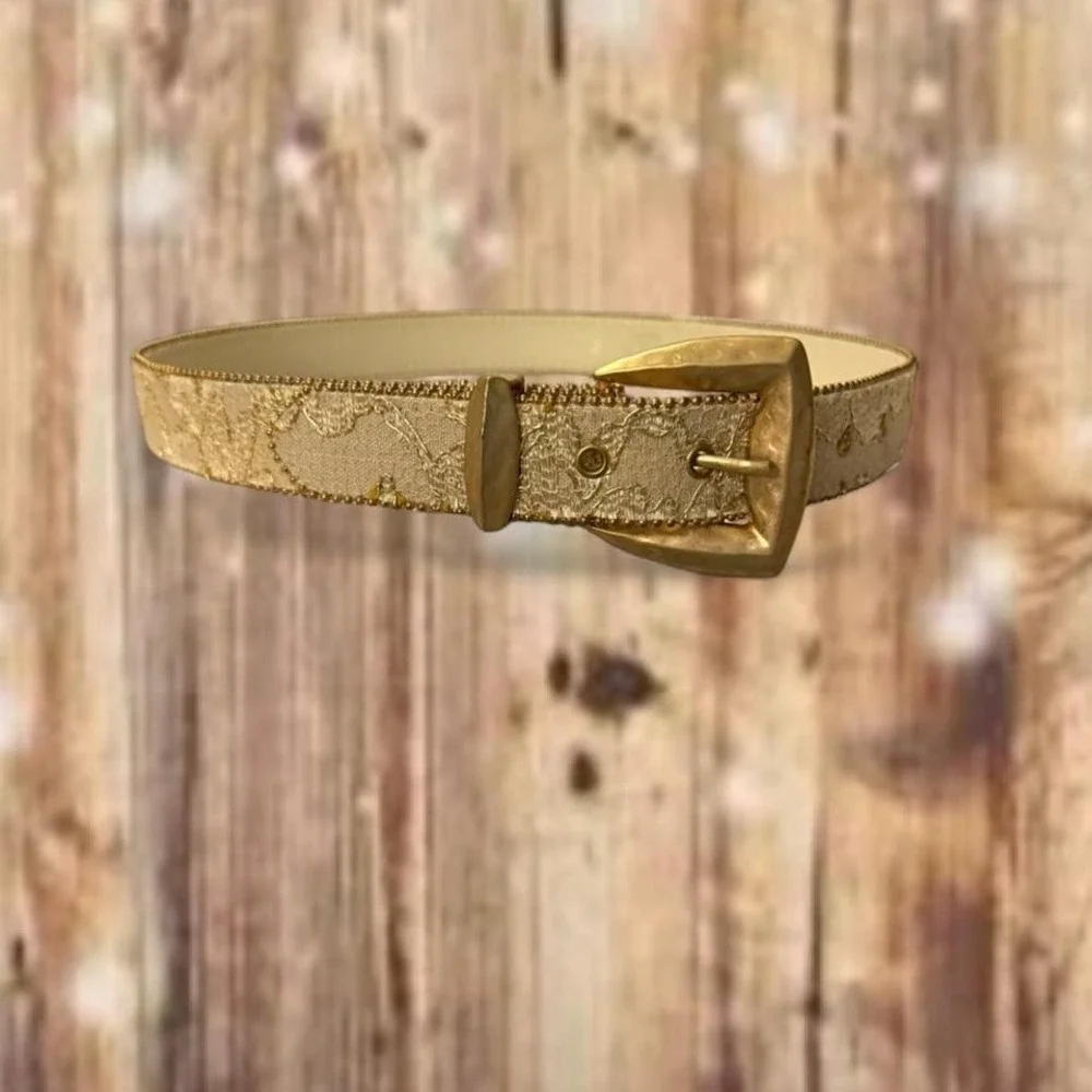 Vintage Western Lace Overlay‎ Belt by Elite – Textured Gold-Tone Buckle | Size M